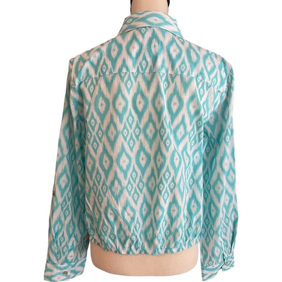 Chico's Blouse Women's Size Small Turquoise Ikat Print Tie Front Resortwear - Picture 4 of 5